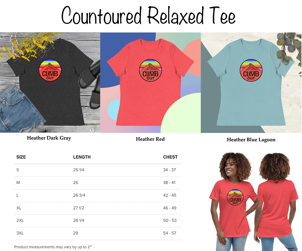 Sample images for a contoured, relaxed t-shirt featuring the Climb Out logo. Three colors are shown: Heather Dark Gray, Heather Red, and Heather Blue Lagoon.