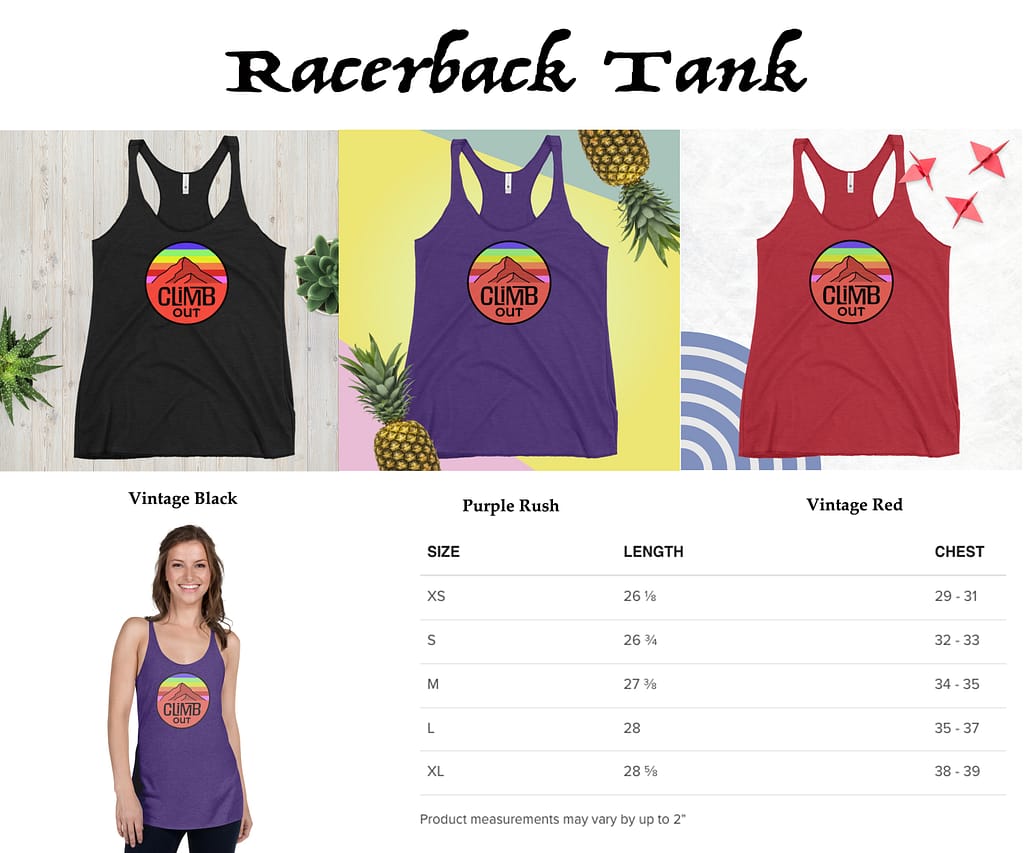 Sample images for a racerback tank top featuring the Climb Out logo. Three colors are shown: Vintage Black, Purple Rush, and Vintage Red.