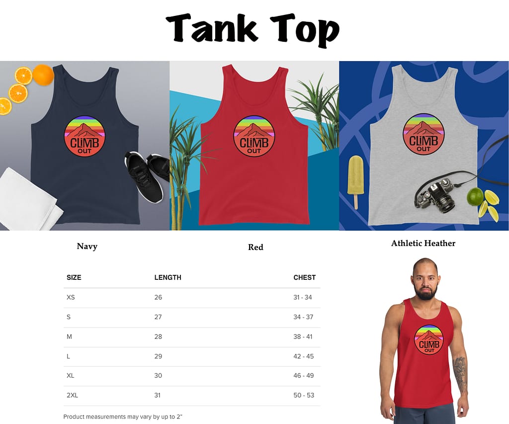 Sample images for a tank top featuring the Climb Out logo. Three colors are shown: Navy, Red, and Athletic Heather.